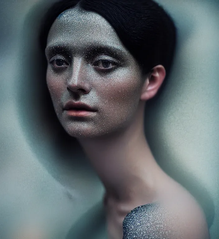 Prompt: cinestill 5 0 d photo portrait of a beautiful hybrid woman in style of roberto ferri by paolo roversi, translucent basalt body intricate detailed, intricate sparkling dark basalt ornamental hair, 1 5 0 mm lens, f 1. 4, sharp focus, ethereal, emotionally evoking, head in focus, radiant volumetric lighting, matt colors outdoor