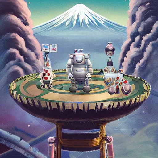 Prompt: On the morning of the robot queen's coronation, The Mekanik Doll, chubby moss kitten, Mount Fuji seen from the International Space Station, the theme of Alice in Wonderland, digital painting, concept art, illustration, deep dark, artstation, intricate, beautiful and thematically complex, ue5, by Dylan Kowalski and deiv calviz