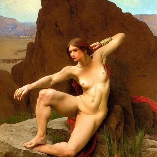 Prompt: a red, muscular dragon in a rocky desert by paul delaroche, alphonse mucha and arnold böcklin arnold böcklin hyperrealistic 8k, very detailed