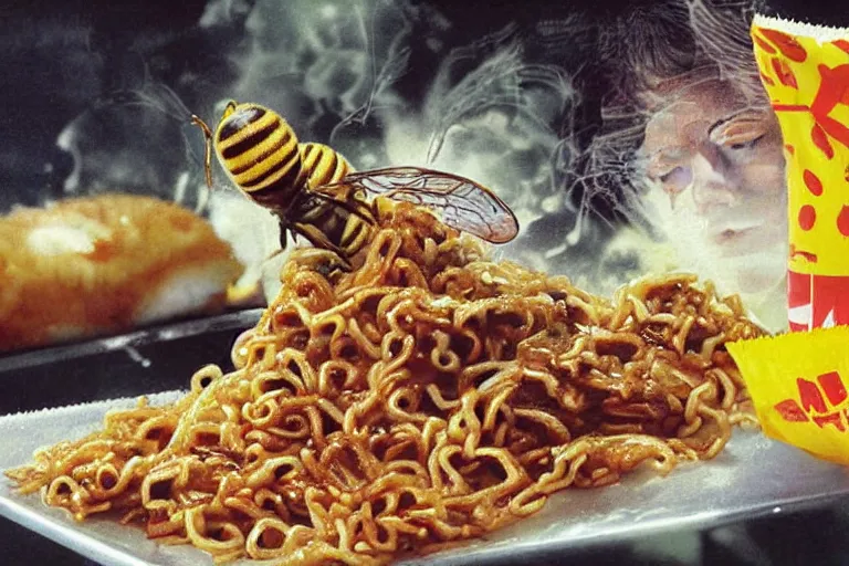 Prompt: mcdonald's fried bees in a yakisoba, in 1 9 9 5, y 2 k cybercore, advertisement photo. artwork by craig mullins