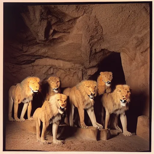 Image similar to 3 5 year old man in ancient canaanite clothing surrounded by ferocious lions. cave interior background. ektachrome photograph, volumetric lighting, f 8 aperture, cinematic eastman 5 3 8 4 film