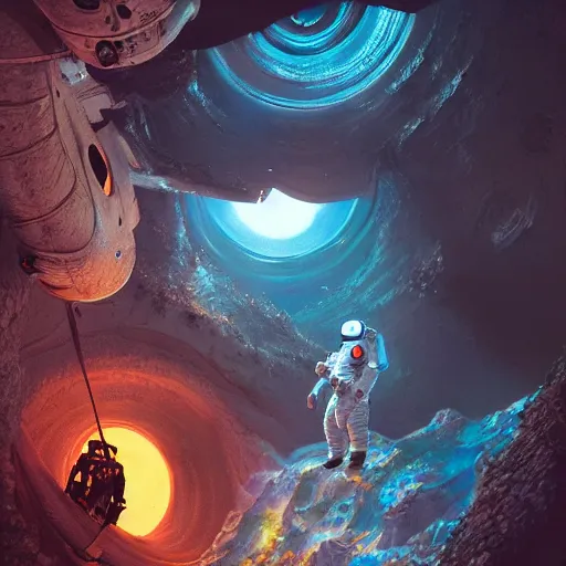Image similar to an epic portrait of an astronaut entering the magical rabbit hole of wonderland, cinematic lighting, trending on Artstation, highly detailed, insane details