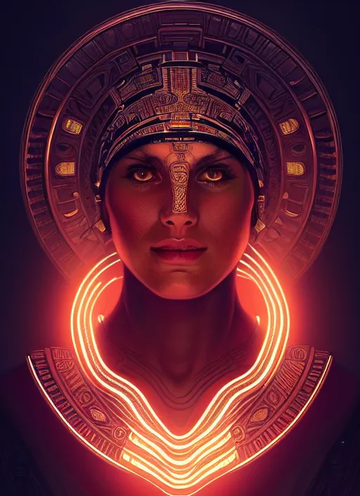 Image similar to symmetry!! portrait of aztec warrior, tech wear, glowing lights!! intricate, elegant, highly detailed, digital painting, artstation, concept art, smooth, sharp focus, illustration, art by artgerm and greg rutkowski and alphonse mucha