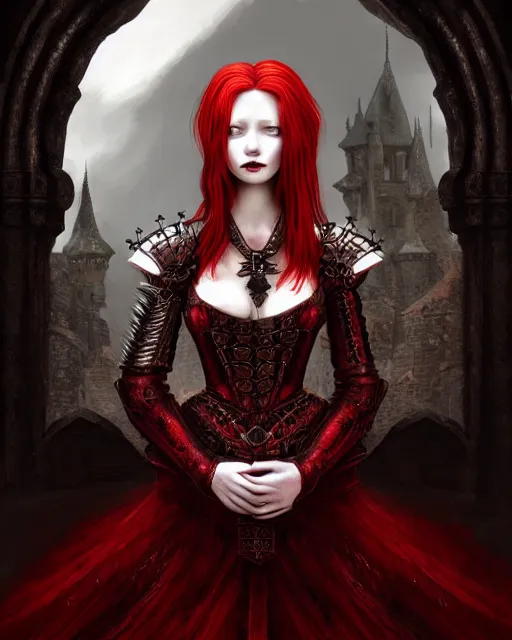 Image similar to redhead queen in heavy red armor, inside an epic gothic castle, baroque, large crown, face with scars, mad grin, intimidating, ominous, high fantasy, intricate detail, digital painting, artstation, concept art, smooth, sharp focus, illustration, art by yoshitaka amano and monia merlo and wlop