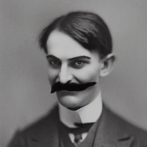 Image similar to headshot edwardian photograph of waluigi, 1 9 2 0 s, sinister, evil, realistic face, 1 9 1 0 s, grainy, victorian, soft blur