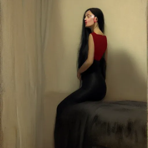 Image similar to girl with long black hair, in backless red dress, backview, sitting on edge of bed, in a candle lit room, by jeremy lipking, tim rees, joseph todorovitch