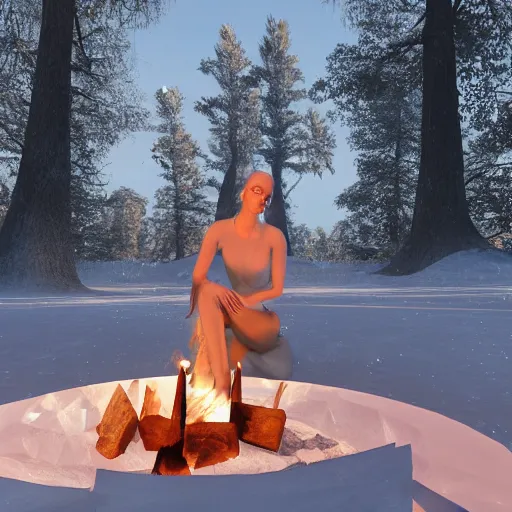 Image similar to a beautiful woman made out of crystal ice sitting by a campfire and slowly melting, by iris van herpen, unreal engine 5, outdoor campfire pit