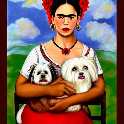 Image similar to a cream colored havanese dog dressed as frida kahlo, portrait by frida kahlo