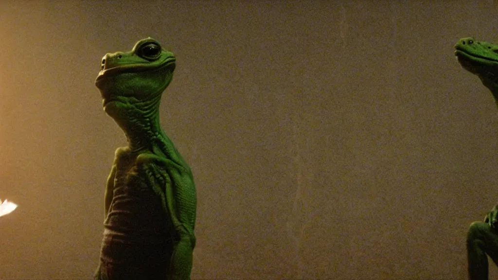 Image similar to a pepe listening to a reptilian humanoid, reptoids, archons, saurians, draconians, reptile, reptilian, draconian, movie still, cinematic composition, cinematic light, criterion collection, reimagined by industrial light and magic, Movie by David Lynch and Ridley Scott