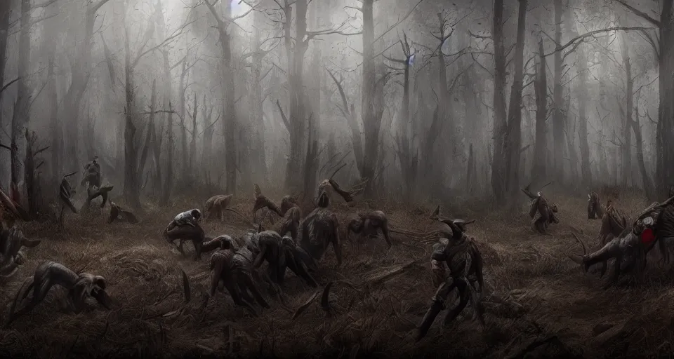 Image similar to an epic action concept masterpiece of a rabid wolfpack, in a forest made of nightmares, inspired by sd ai. horrific digital art, extremely moody lighting