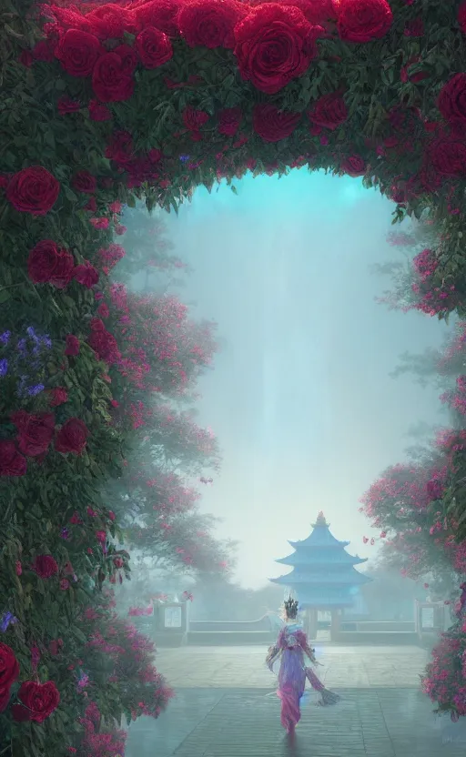 Image similar to vanishing point, palace covered with aqua blue roses like the forbidden city in distance at the red rose royal manor, viewed from afar, stephen bliss, misty, unreal engine, fantasy art by greg rutkowski, loish, ferdinand knab, and lois van rossdraws,, global illumination, radiant light, minimalist, detailed and intricate environment