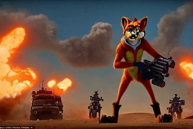 Image similar to nick wilde ( from zootopia ), heavily armed and armored facing down armageddon in a dark and gritty reboot from the makers of mad max : fury road