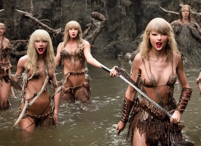 Prompt: taylor swift as conan the barbarian food fight with water nymphs, movie still, 8 k, realistic