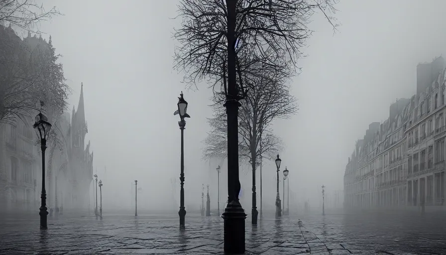 Prompt: empty neo - gothic paris streets in the fog, wet ground, hyperdetailed, artstation, cgsociety, 8 k