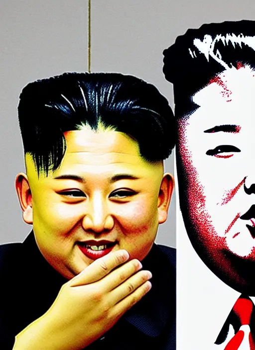 Image similar to banksy trump made peace with kim jong un art on canvas