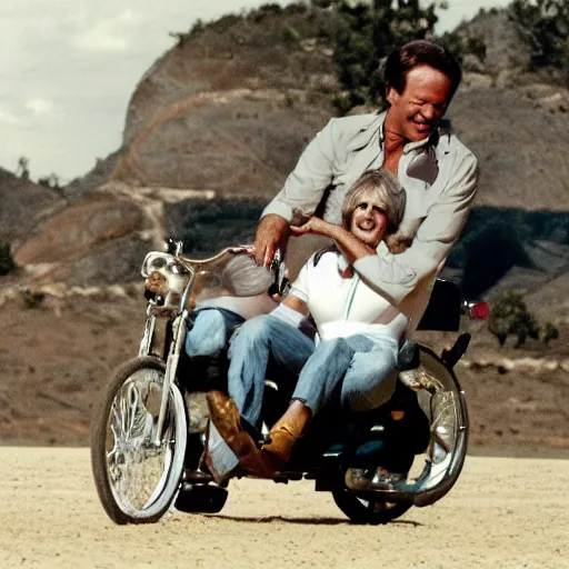 Prompt: kevin tighe laughing as he rides on top of randy mantooth