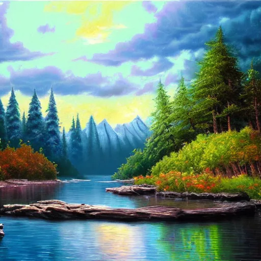 Image similar to bob ross painting, extreme realism, extremely detailed oil painting, highly detailed, abstract, 1 9 2 0's colored pencil art style, deep aesthetic, 8 k, highly ornate intricate details, cinematic lighting, rich colors, digital artwork, beautiful scenic view, ray tracing, hyperrealistic, photorealistic, cinematic landscape, trending on artstation, concept art,