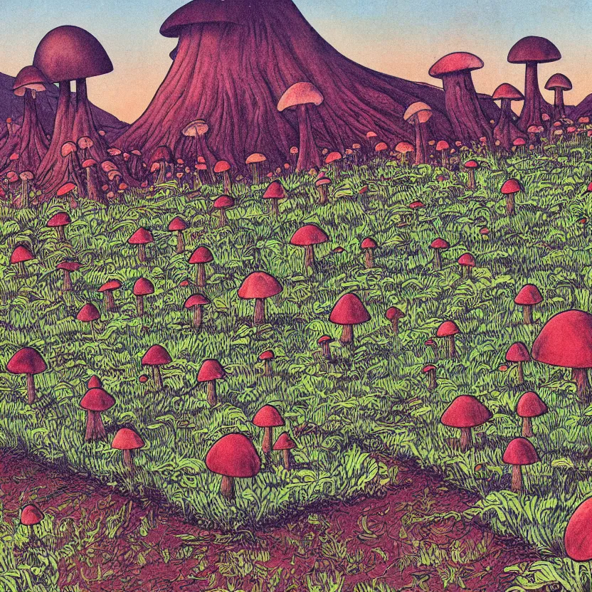 Image similar to a mushroom field with eyes, illustrated for a science fiction novel. by don ivan punchatz