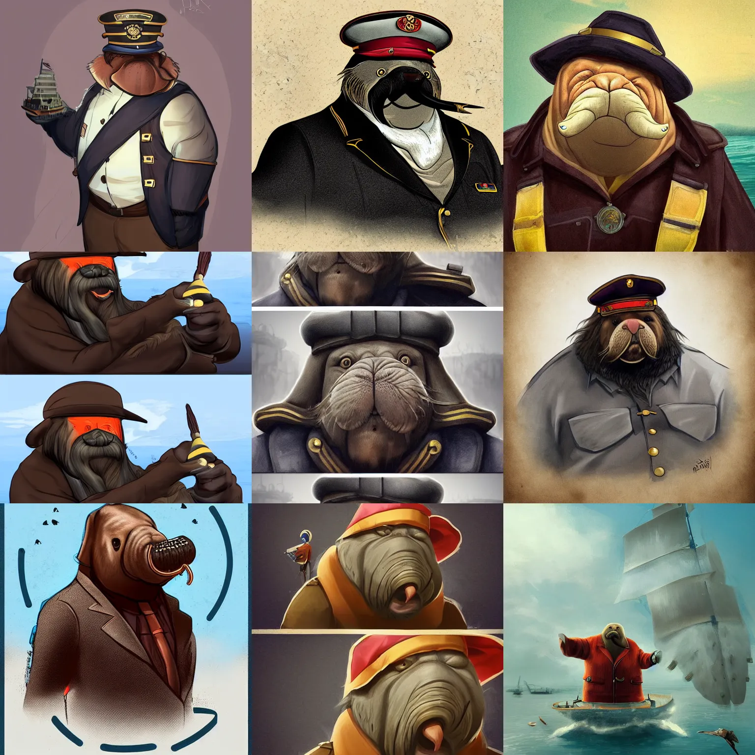 Prompt: A walrus dressed as a ship captain. Digital art, trending on artstation.