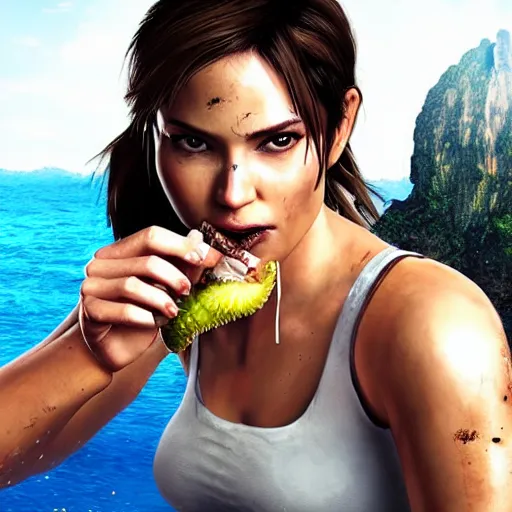 Image similar to Lara croft eating durian