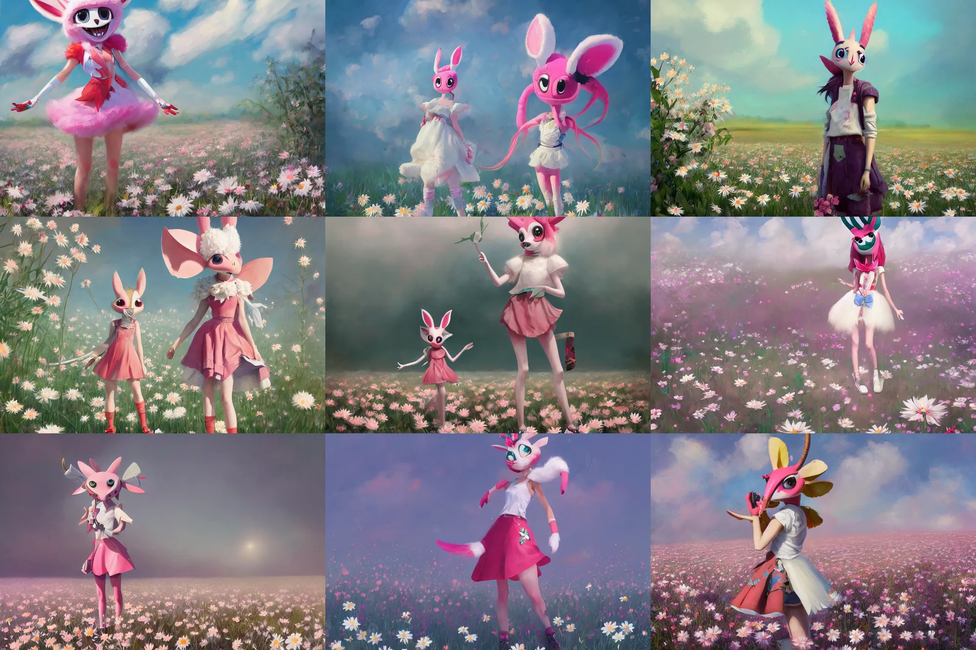 Image similar to anthropomorphic lurantis girl in an ice floe standing in a field of daisies wearing converse shoes and a davey crockett hat, digital illustration by ruan jia on artstation