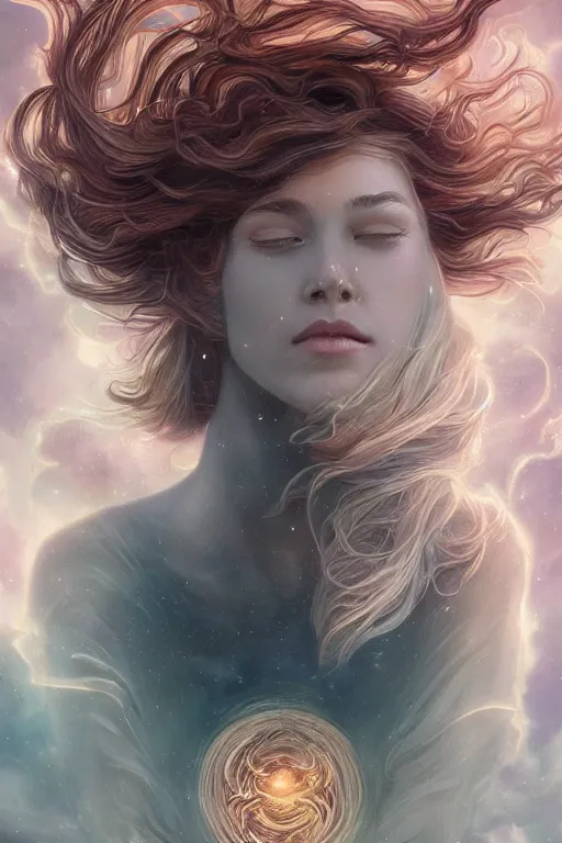 Prompt: wind blowing hair!!! meditation! a celestial psychedelic being, dreaming of the void, bust portrait, dnd, fantasy, intricate, elegant, highly detailed, digital painting, artstation, concept art, smooth, sharp focus, illustration, art by artgerm and tom bagshaw and greg rutkowski and alphonse mucha