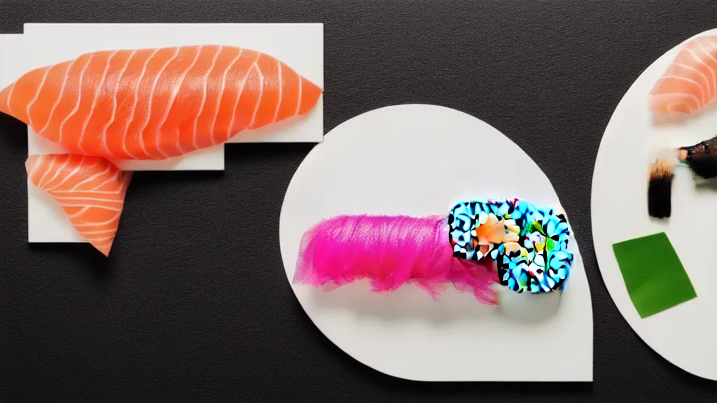 Image similar to an arrangement sushi on a white ceramic platteri, japan, a collage painting, in the style of wes anderson, lola dupre, david hockney, isolated on negative white space background dark monochrome neon spraypaint accents volumetric octane render