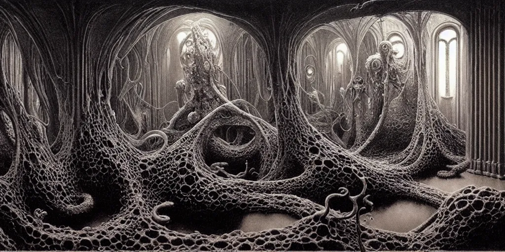 Image similar to Shoggoth's living room, Zdzislaw Beksinski, Wayne Barlowe, Joe Fenton, gothic, cosmic horror, biomorphic, lovecraftian, amazing details, cold hue's