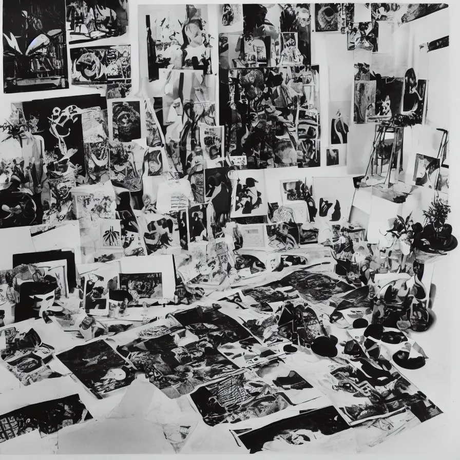 Image similar to A black and white photography of an exhibition space with objects of Sun Ra, Marcel Duchamp and tropical plants, 60s, offset lithography print, newspaper, distant shot