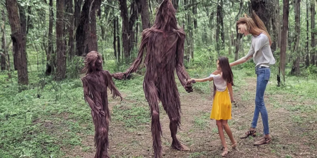 Prompt: extremely tall skinny humanoid monster holding a young girls hand