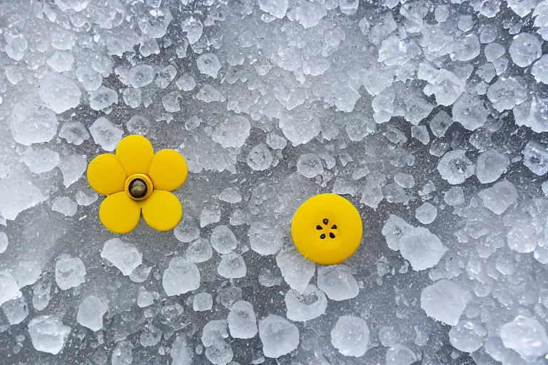 Prompt: yellow flower button covered in thin layer of ice