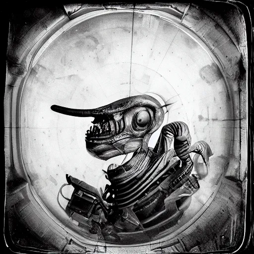 Prompt: alien inside a spaceship interior, hyper realistic, hight detail, sharp focus, tilt shift lens, wide angle, moody lighting, tintype, black and white photo by Joel Peter Witkin