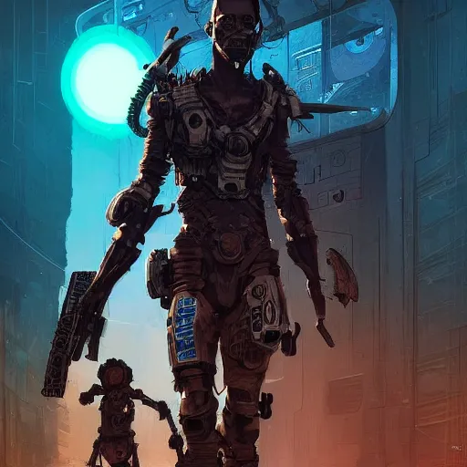 Image similar to a dark and ominous african child soldier with glowing eyes and a half robot face, Apex Legends character digital illustration portrait design, by android jones and greg rutkowski in a cyberpunk voodoo style, detailed, cinematic lighting, wide angle action dynamic portrait