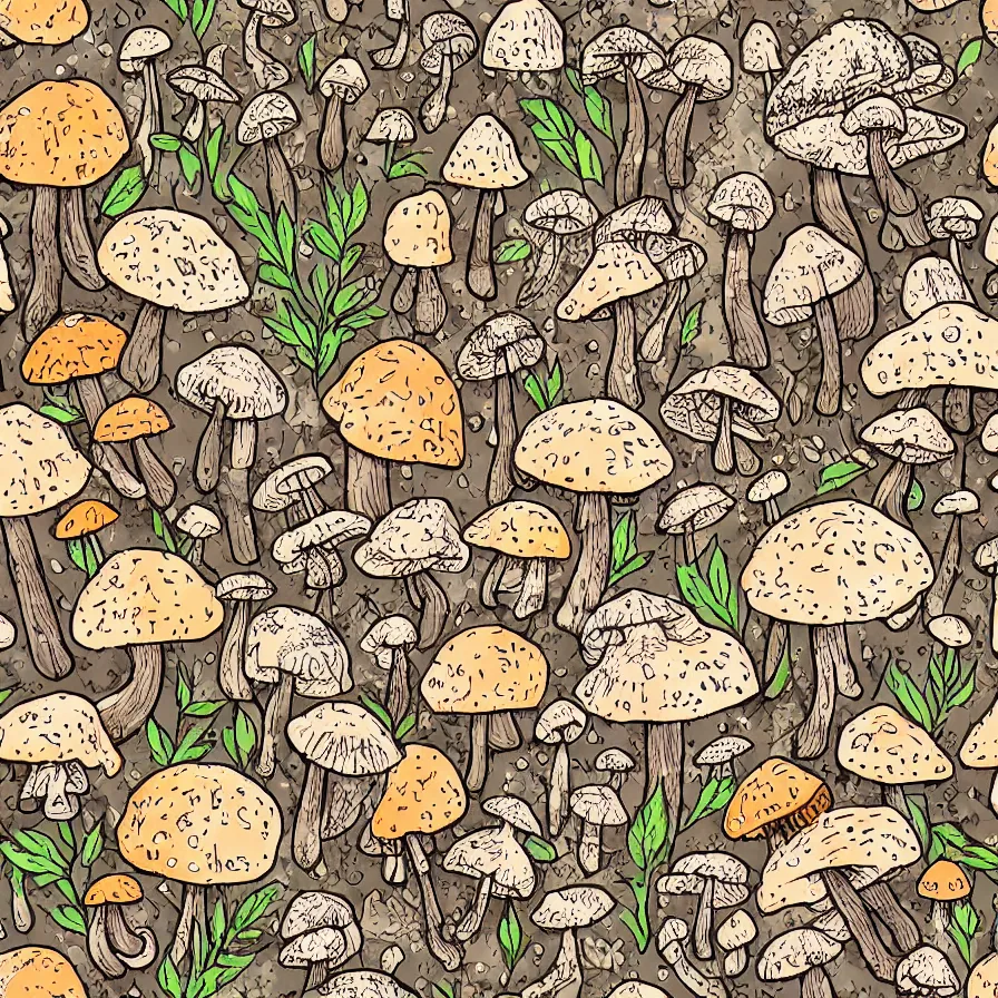 Image similar to macro photo with a mushroom characters and mycelium, natural colors and natural surroundings, painted patterns and coloring on mushrooms, seamless fabric pattern 8K, highly detailed.