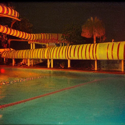 Image similar to a photo of an abandoned water park from the 1 9 9 0 s at night, disposable film