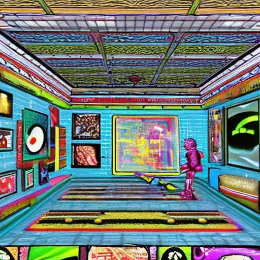 Image similar to virtual art museum in a 9 0 s video game, wacky mid 9 0's operating system, net art, ps 1 graphics, ps 2 screenshot, 3 d render, liminal space, hd, intricate, detailed