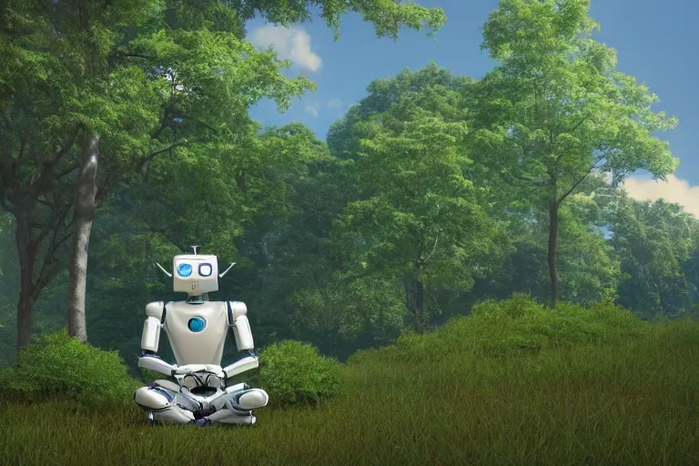 Image similar to zoomed-out 3d render of cel-shaded robot sitting cross-legged with its head pointing down, on a small hill, in a fantasy forest with blooming trees and surrounded my wildlife, river flowing beside the robot, 4k, highly detailed, Unreal Engine, octane render