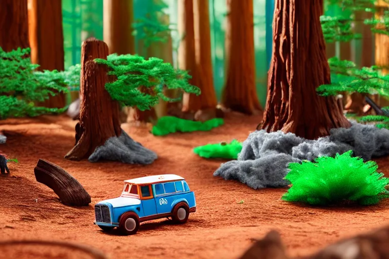 Image similar to fisher price redwood forest, california scene from tv show hyper detailed 5 5 mm 8 5 mm, toy photography, made out of plastic