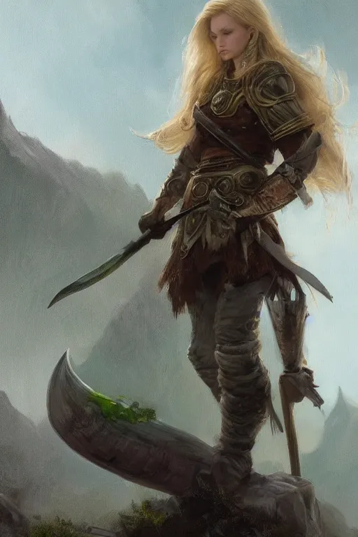 Prompt: ultra detailed powerful female viking, blond long hair, green eyes, axe un hand, battle ready, sharp bone structure, extremely detailed digital painting, in the style of fenghua zhong and ruan jia and jeremy lipking and peter mohrbacher, mystical colors, rim light, beautiful lighting, 8 k, stunning scene, raytracing, octane, trending on artstation