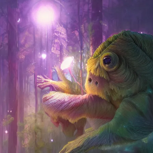 Image similar to ultra realistic illustration of magical tardigrade, forest, fantasy, colorful lights, intricate, elegant, highly detailed, digital painting, artstation, concept art, smooth, sharp focus, illustration, art by artgerm and greg rutkowski and alphonse mucha