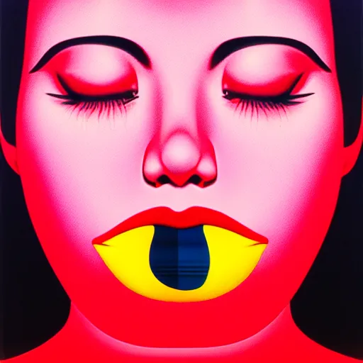 Image similar to woman red lips by shusei nagaoka, kaws, david rudnick, airbrush on canvas, pastell colours, cell shaded, 8 k