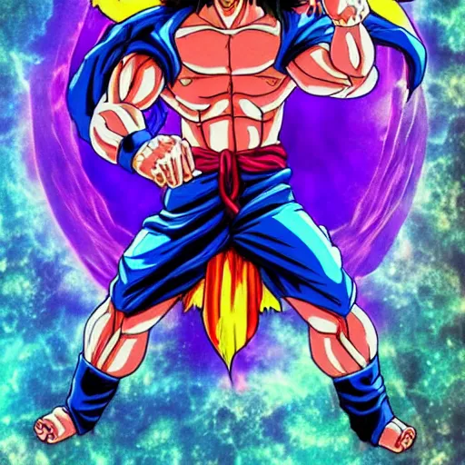 Prompt: 4K headshot of godlike Saiyan with defined arms, monkey tail and open hands and bloody clothes with vibrantly colored giant mandala wings , intricate face , flawless anime cel animation by Kentaro Miura and Akira Toriyama , psychedelic , highly detailed upper body , professionally post-processed , beautiful, scary, symmetry accurate features, epic, octane rendered, anime masterpiece, accurate