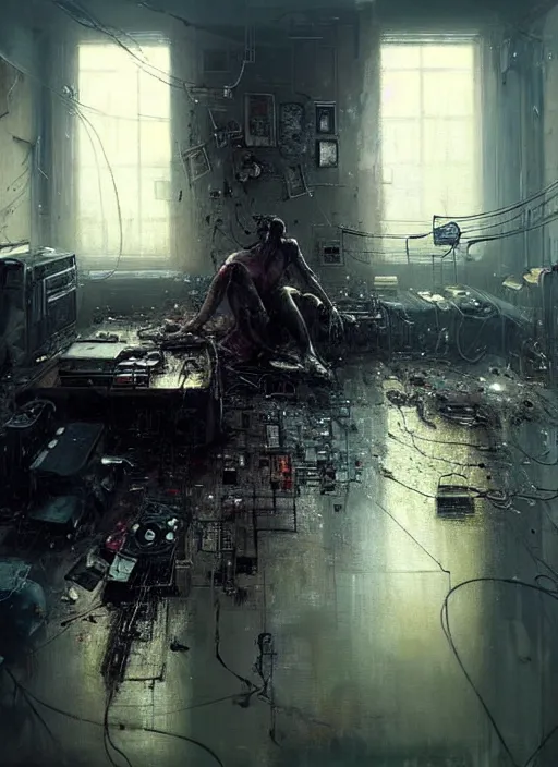 Prompt: a cyborg sitting on the floor, inside an old apartment, cybernetic parts and wires scattered across the floor, dystopian aesthetics, detailed oil painting, misty, ethereal, dramatic lighting, ominous, by craig mullins and ruan jia and jeremy mann