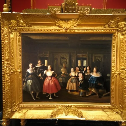 Image similar to super quality family portrait in the main room of the castle painted in 1 6 5 6, dark room, one point of light coming through the window inspired by las meninas, clear spaces between each subject and good detail and realistic eyes, faces for each person in the canva, inspired by diego velasquez baroque style