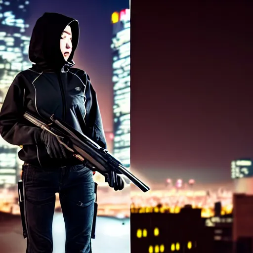 Prompt: photographic portrait of a techwear woman holding a shotgun, holding shotgun down, closeup, on the rooftop of a futuristic city at night, sigma 85mm f/1.4, 4k, depth of field, high resolution, full color, award winning photography, Lucy (2014), Kill Bill, John Wick, Die Hard, movies with guns, movie firearms