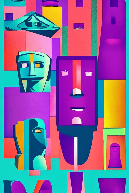 Image similar to cubist moai statue cutout digital illustration cartoon colorful beeple