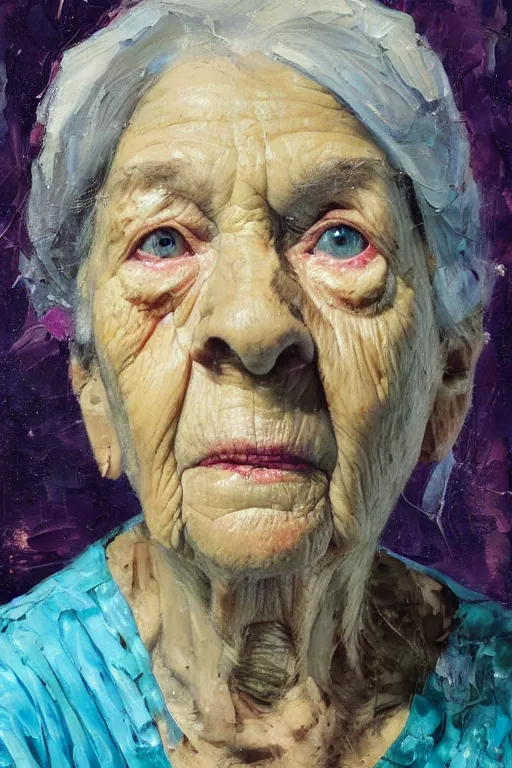 Image similar to palette knife oil painting portrait of rosina leckermaul, an elderly woman who is in a deep state of depression, extreme detail, artstation trending, grandma, blue, artgerm, any racial background, deviant art, octane, substance, art history 8 k