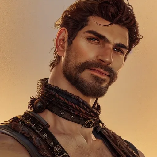 Prompt: portrait of a young, ruggedly handsome ranger, muscular, half body, leather, smirk, fantasy, intricate, elegant, highly detailed, digital painting, artstation, concept art, smooth, sharp focus, illustration, art by artgerm and greg rutkowski and alphonse mucha