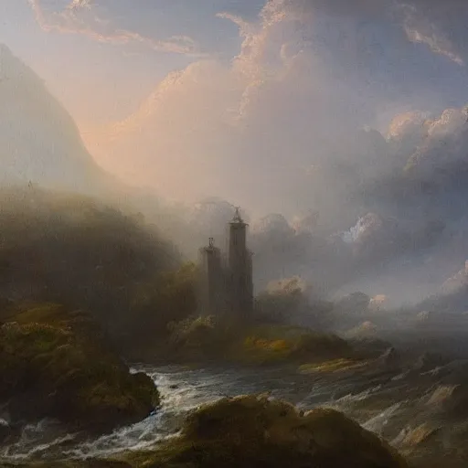 Image similar to an impossibly large tower rising from a sea of mist,evocative,romanticism landscape painting