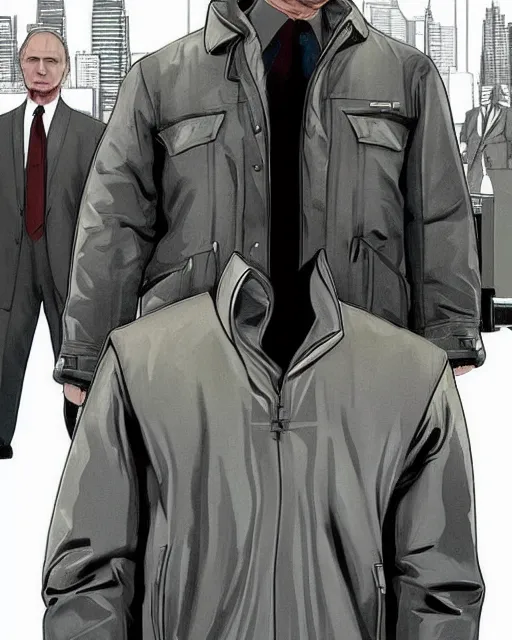 Prompt: a full body shot of vladimir putin wearing a jacket in gta 4, gta 4 loading screen artwork, highly detailed, trending on artstationhq